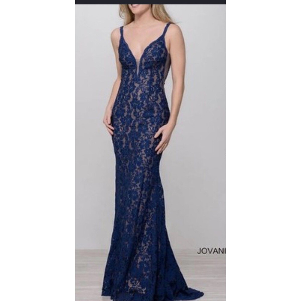 Jovani Navy Blue Lace Mermaid Prom Dress Formal Pageant Gown Size 2
